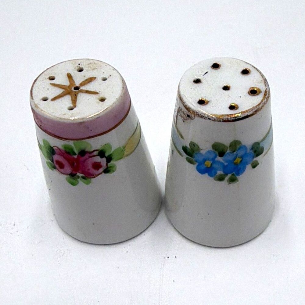 Ceramic Salt & Pepper Shakers Set of 2 White Pink Blue Floral Glossy Decorative